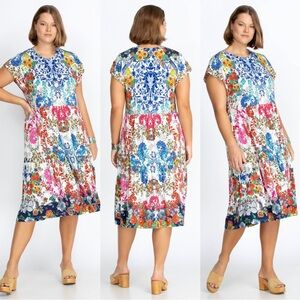 Johnny Was Shellinay Tiered Tea Length Jersey Knit Swing Dress Size Medium